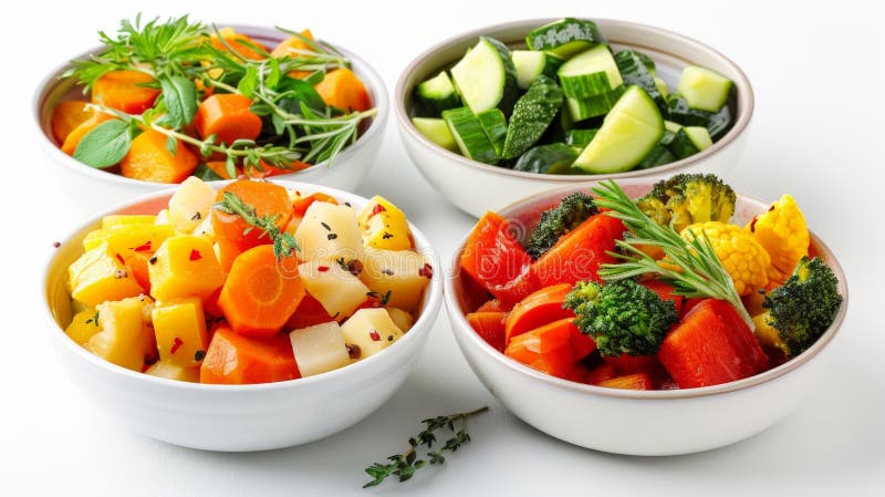 Three bowls of veggies in a line on white stock image