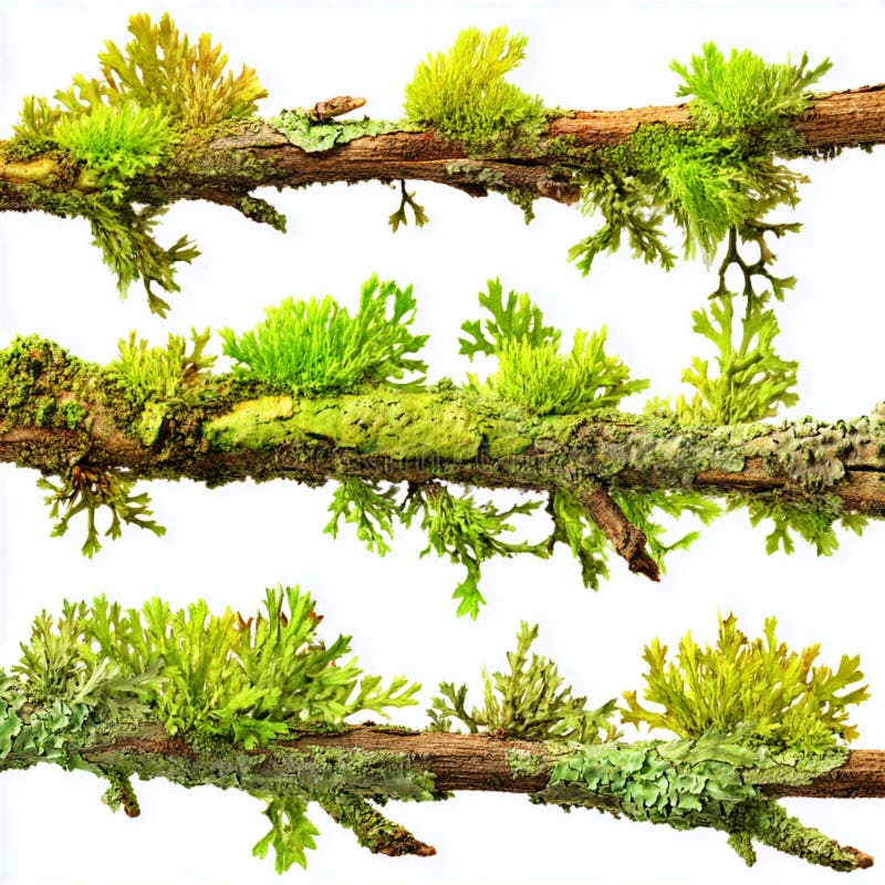 Three branches covered in lichen against a plain backdrop royalty free illustration