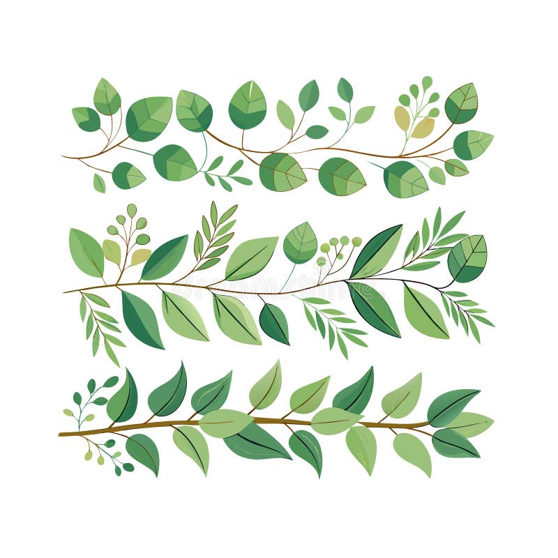 Botanical vector illustration of three branches with green leaves on a white background stock illustration