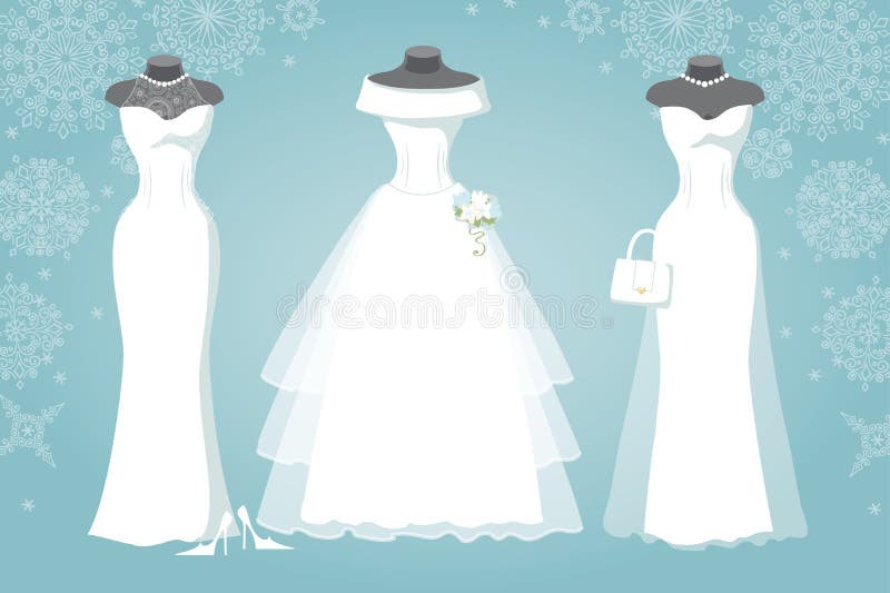 Three bridal dress.Winter Snowflake background