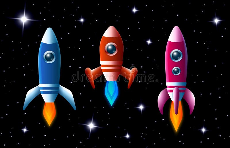 Three brightly colored rockets in outer space. Three brightly colored vector rockets in outer space with turbo boost and flames as they speed through the dark starry sky set of three different spaceships for kids illustrations.