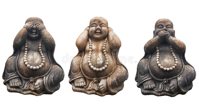 Three Buddha statues in a pose of three wise monkeys