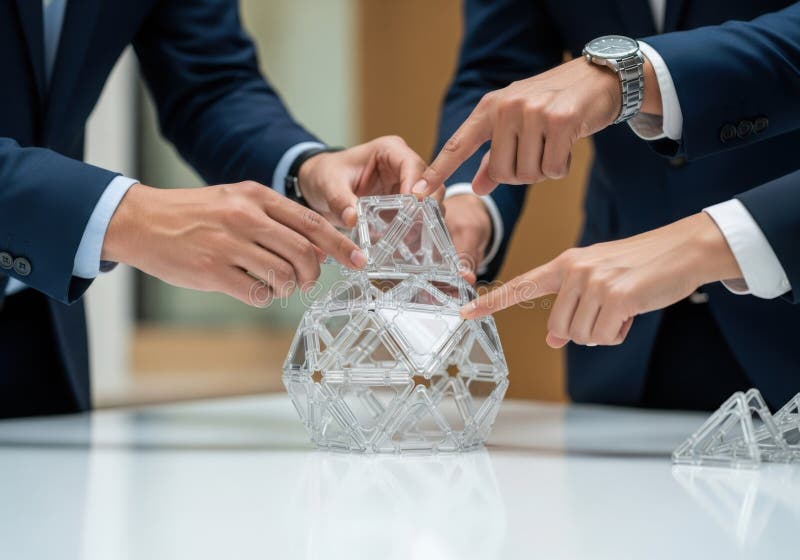 Business professionals collaborating on a geometric model isolated on white background stock illustration