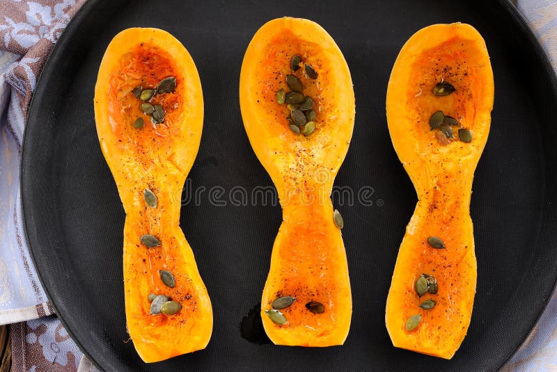Cut Butternut Squash Pumpkin Seeds Black Tray Stock Photos Free