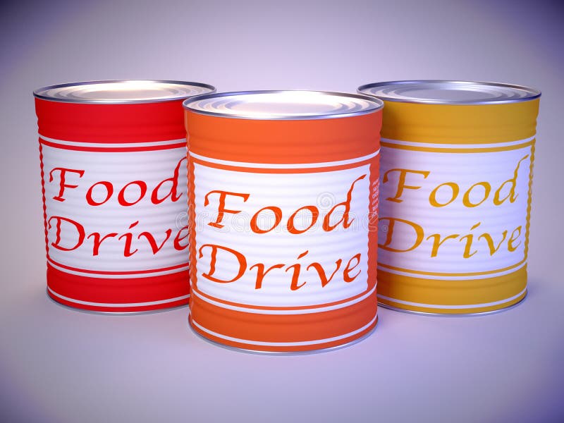 Three cans in red orange yellow on white with the words food drive stock illustration Three cans in red orange yellow on white with the words food drive stock illustration
