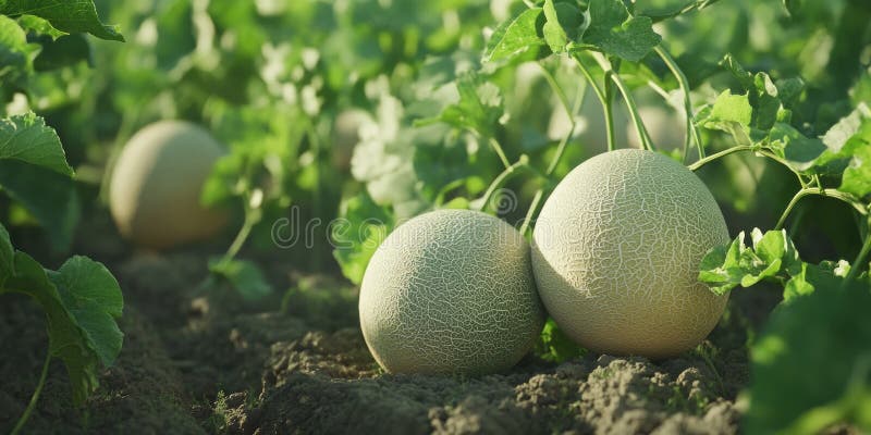 Three cantaloupes in field stock photo. Image of rural - 378724120
