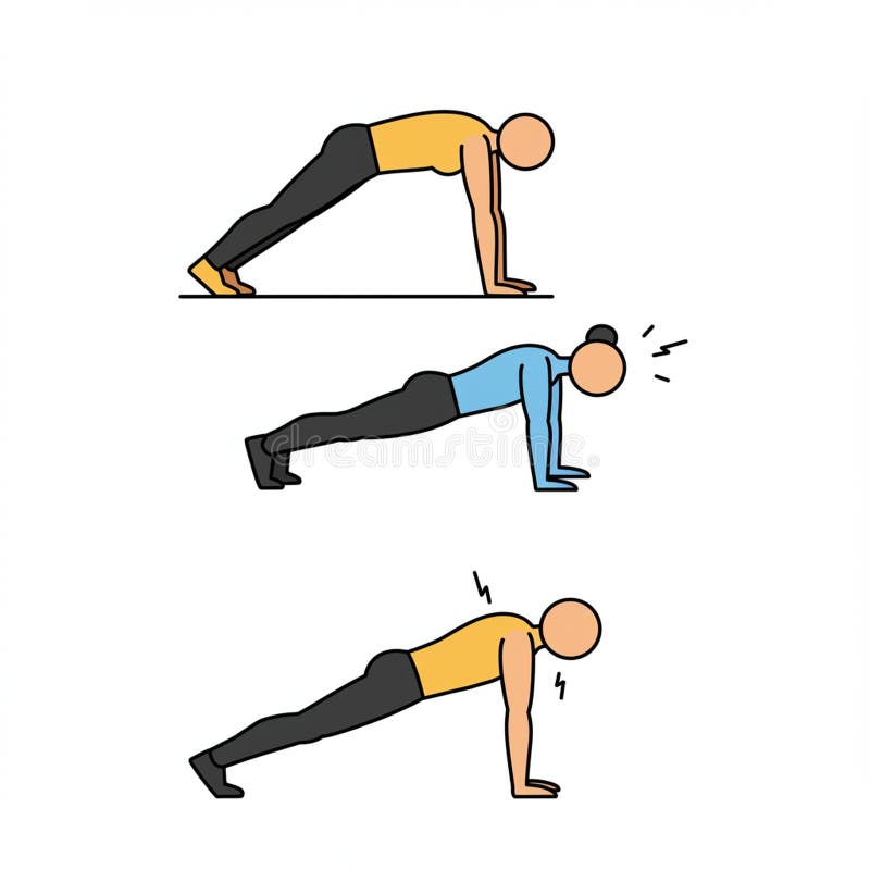 Three cartoon figures performing different plank exercises. The first figure, dressed in royalty free illustration