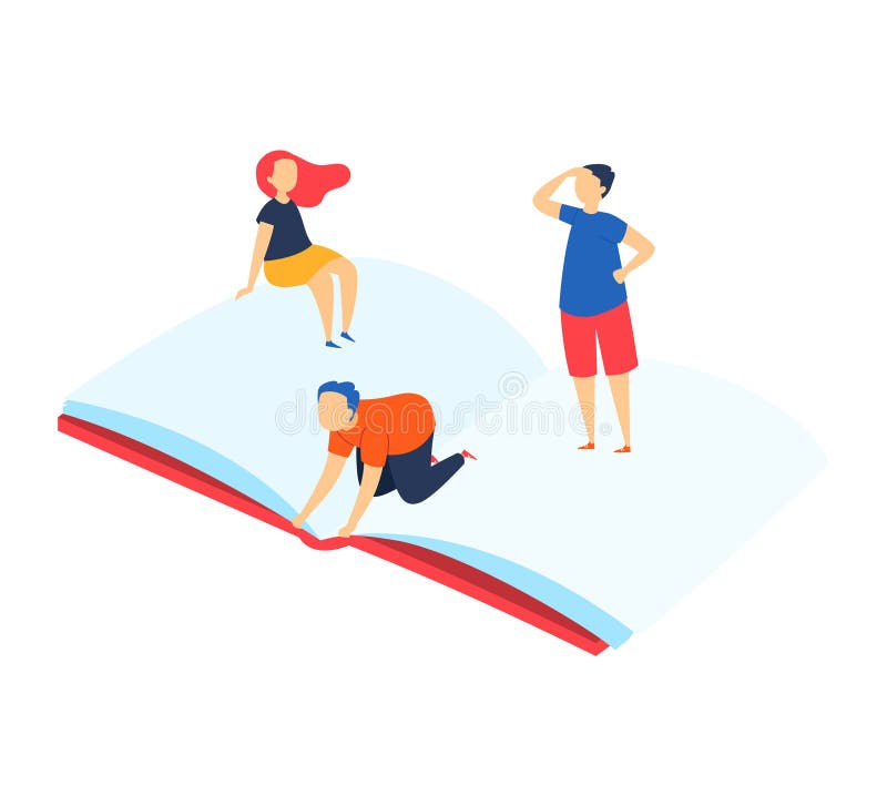 Three casual people on giant book pages, looking confused and curious. Characters exploring big open book, learning royalty free illustration