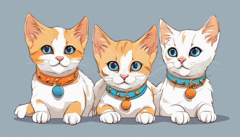 Three cats with blue eyes and collars, Three cats with blue eyes and collars