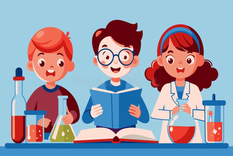 Three children are sitting at a table with a book in front of them vector illustration