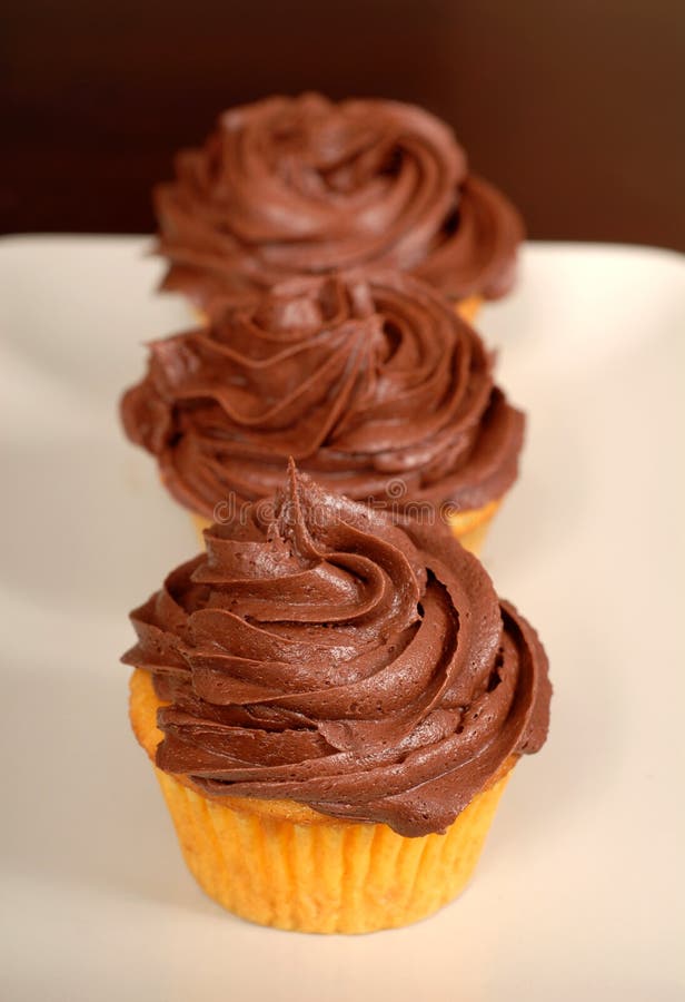 Three Chocolate Frosted Cupcakes in a Row Stock Image Image of party