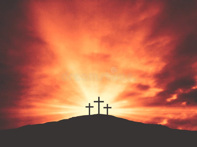 Three Christian Easter Crosses on Hill of Calvary with Colorful Clouds in Sky
