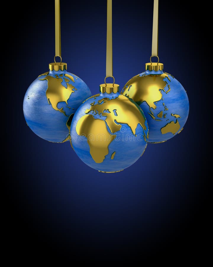 Three christmas balls shaped as globe or planet, Asia, Europe and America. Shaped gift illustrations