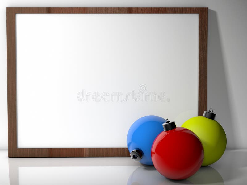 Three Christmas baubles in front of blank board