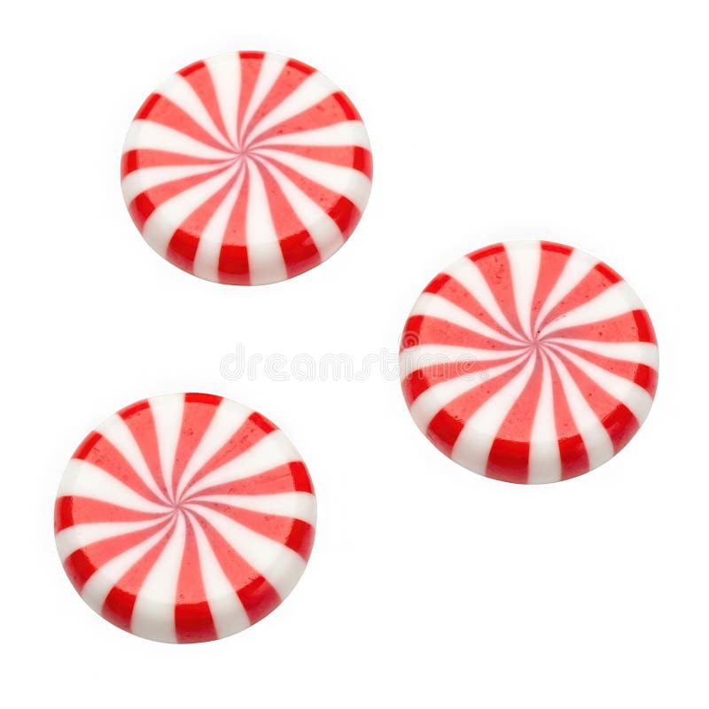 Three circular peppermint candies with red and white stripes arranged in a triangular formation against a white background. Peppermint stripes illustrations