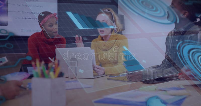 Three colleagues analyzing business data during meeting, with animated graphs floating over laptops stock footage