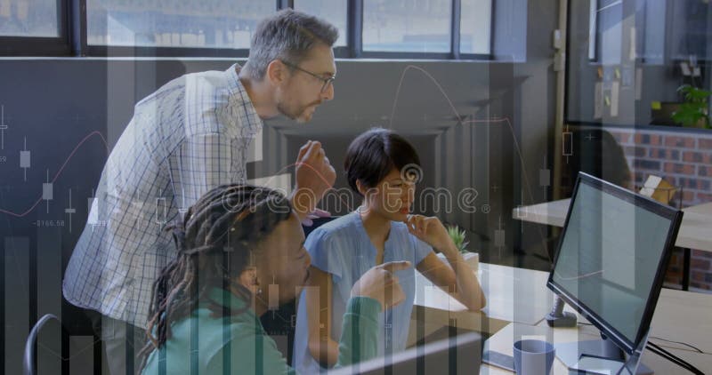Three colleagues collaborating around computer, showing stock chart overlays for business analysis stock video