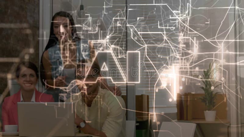 Three colleagues collaborating around laptop while flickering network lines forming luminous AI web stock footage