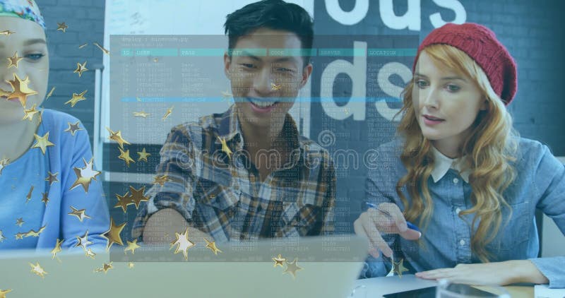 Three colleagues collaborating around laptop in tech office, with floating stars and code lines stock footage