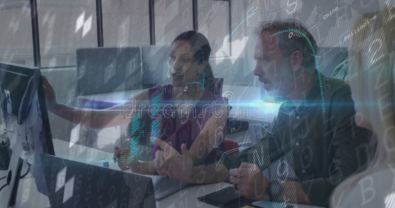 Three colleagues collaborating around monitor in tech office, integrating animated data overlay stock video footage