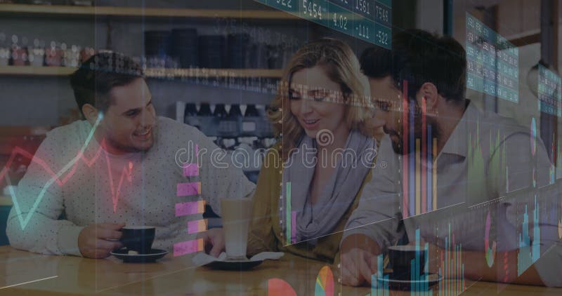 Three colleagues collaborating on business data at table in cafe, with floating bar and line charts stock video footage