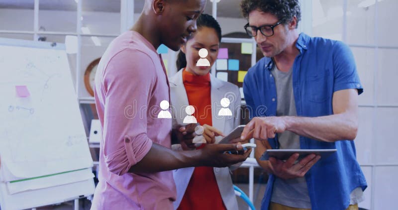 Three colleagues collaborating in business office, displaying animated charts over smartphone stock footage