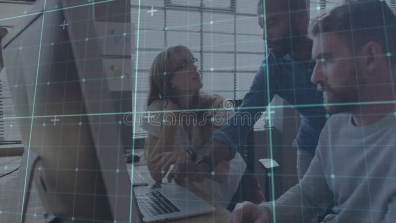 Three colleagues collaborating in business office using laptop, displaying glowing grid overlay stock video