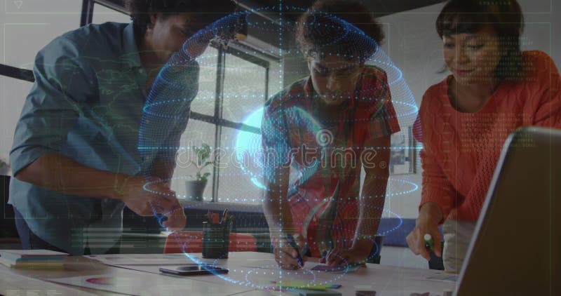 Three colleagues collaborating on design diagrams with holographic globe projecting data lines stock video footage