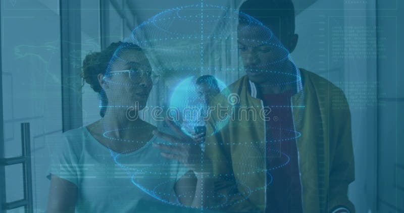 Three colleagues collaborating in tech office, interacting with 3D globe hologram and data grids stock footage