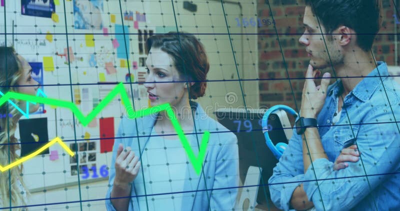 Three colleagues discussing business strategy in office, with floating line graphs and digital grid stock video