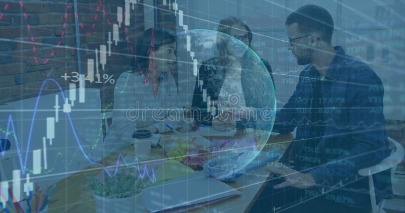 Three colleagues discussing finance strategy in office, showing animated stock charts and globe stock footage