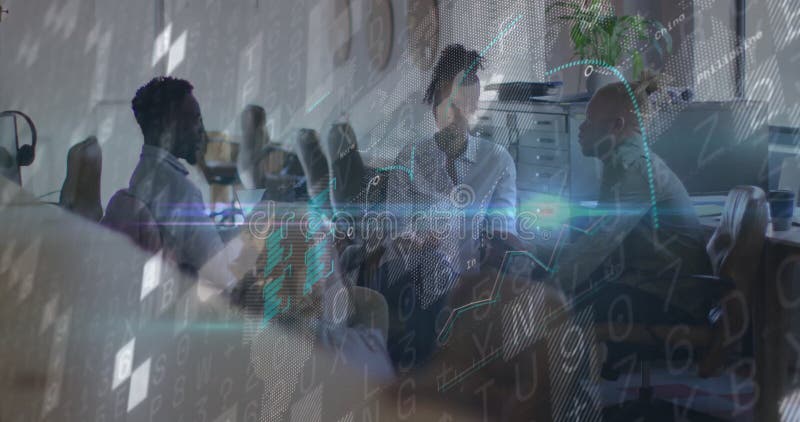 Three colleagues discussing tech trends in conference room, with animated binary code and charts stock footage
