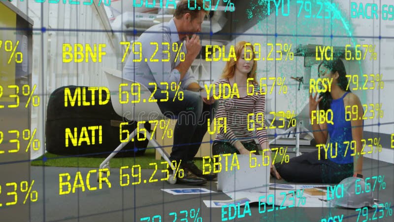 Three colleagues discussing technology in workspace showing laptop, documents and floating codes stock footage