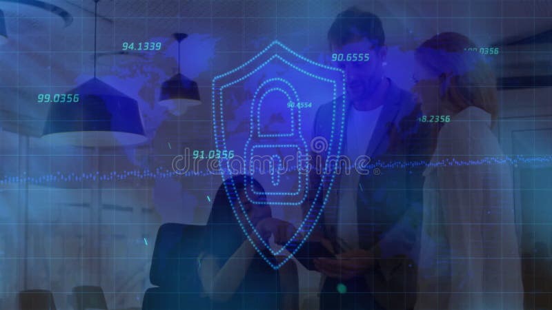 Three colleagues gathering around laptop in office displaying cybersecurity shield and data points stock video