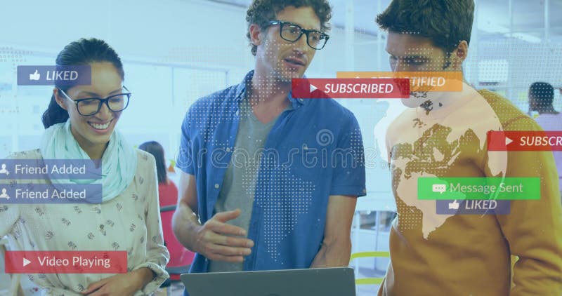 Three colleagues gathering around laptop in office, showing floating digital media icons with map stock video
