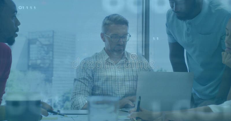 Three colleagues leaning and typing around conference table, viewing floating business data charts stock video footage