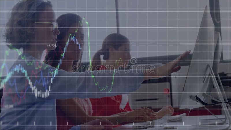 Three colleagues pointing and initiating grid overlay with data lines while analyzing finance graph stock footage