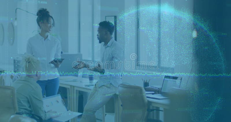 Three colleagues reviewing data on laptop in open-plan office, showing animated business charts stock video footage