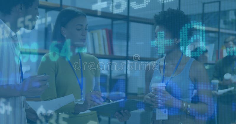 Three colleagues reviewing documents in open-plan office, animated financial charts overlaying data stock video footage