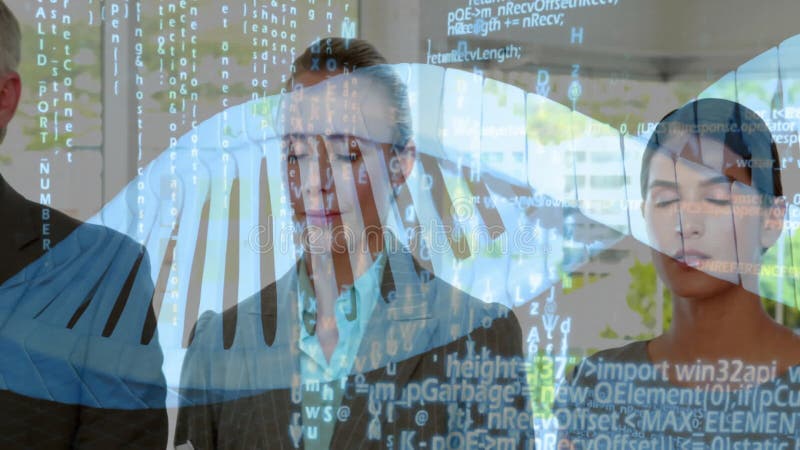 Three colleagues standing in modern office, displaying floating code lines for tech industry stock video