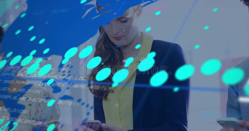 Three colleagues using smartphones in tech office, showing code snippets and glowing cyan dots stock footage