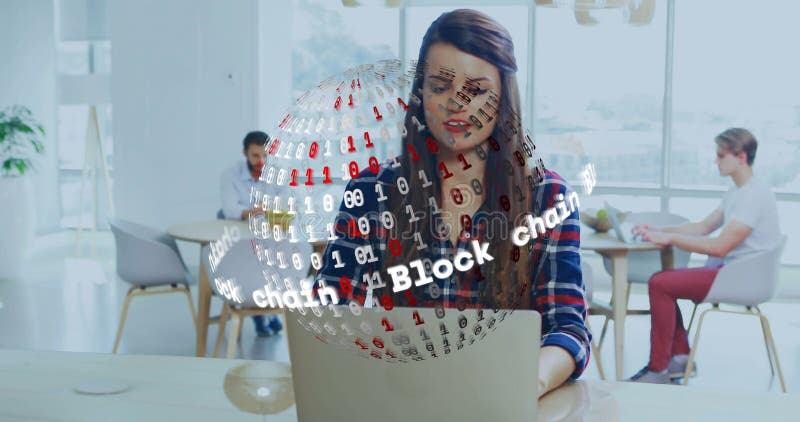 Three colleagues working in office space, showcasing floating blockchain sphere with binary code stock video footage