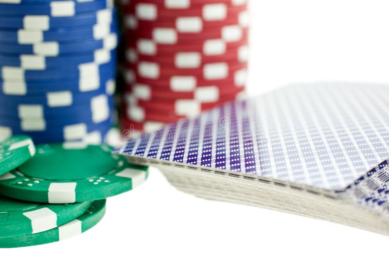 Three Color Poker Chip Stacks and Cards Deck Stock Photo Image of