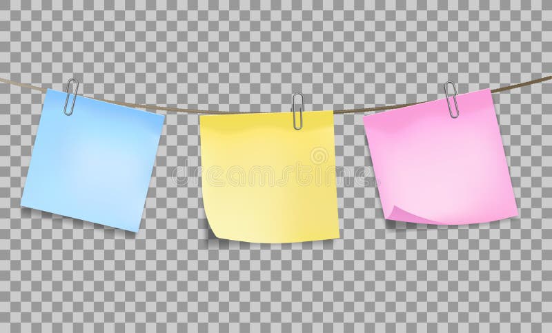Three color sticky notes attached metal paper clips on tape on transparent background. Template for design. Vector