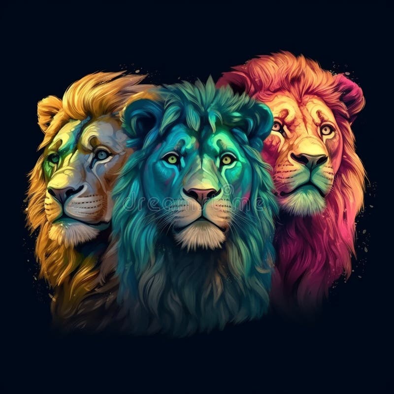 Three Colored Lions Art, Ai Generated Art Stock Illustration