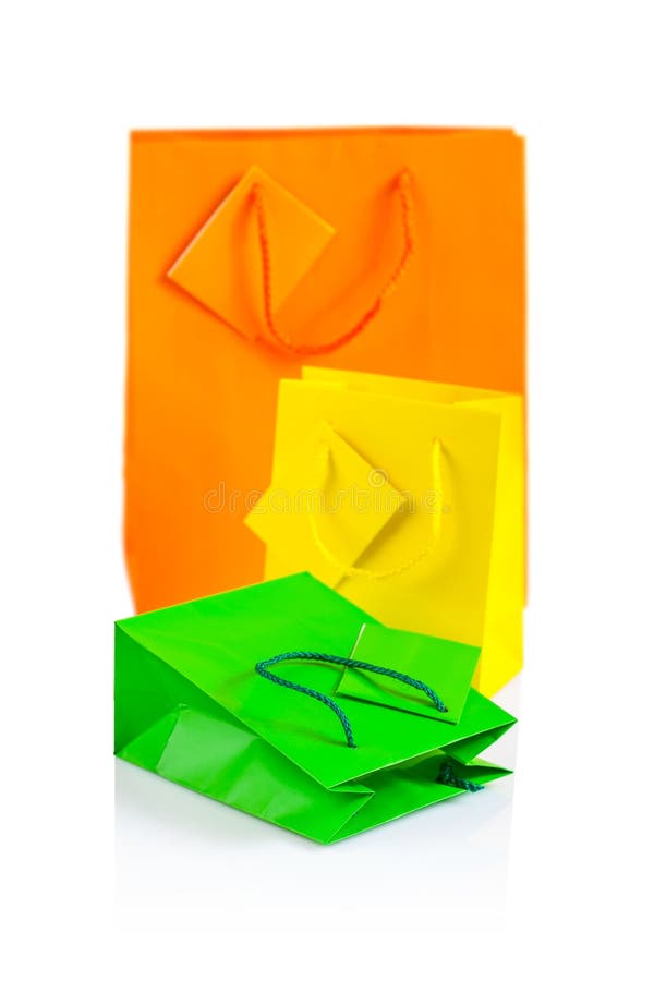 Three Colored Paper Bags Isolated Stock Image Image of string, multi