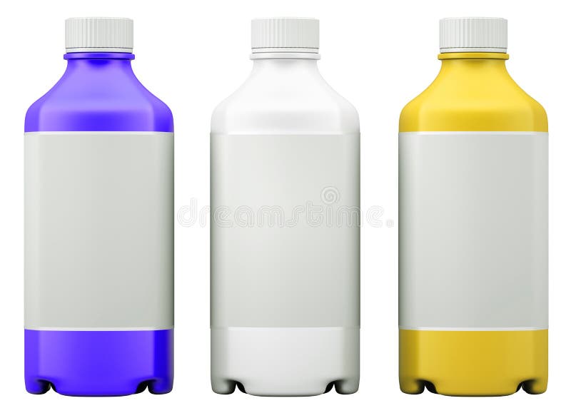 Three colorful bottles for chemicals or drugs