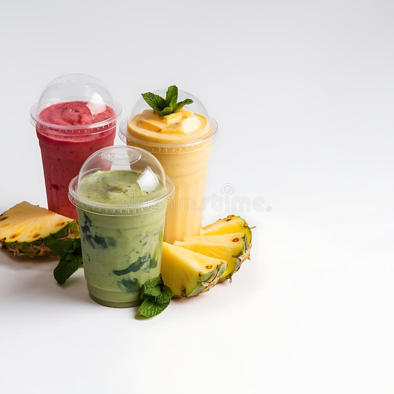 Three Colorful Fresh Fruit Smoothies in Plastic Cups with Pineapple and Mint stock illustration