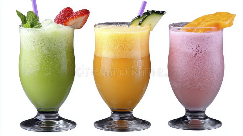 Three Colorful Fruit Smoothies with Garnish vector illustration