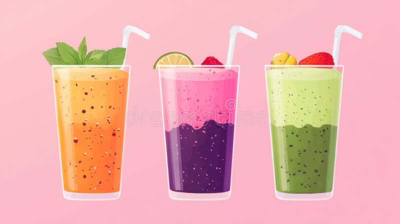 Three Colorful Fruit Smoothies Pixel Art Illustration royalty free illustration
